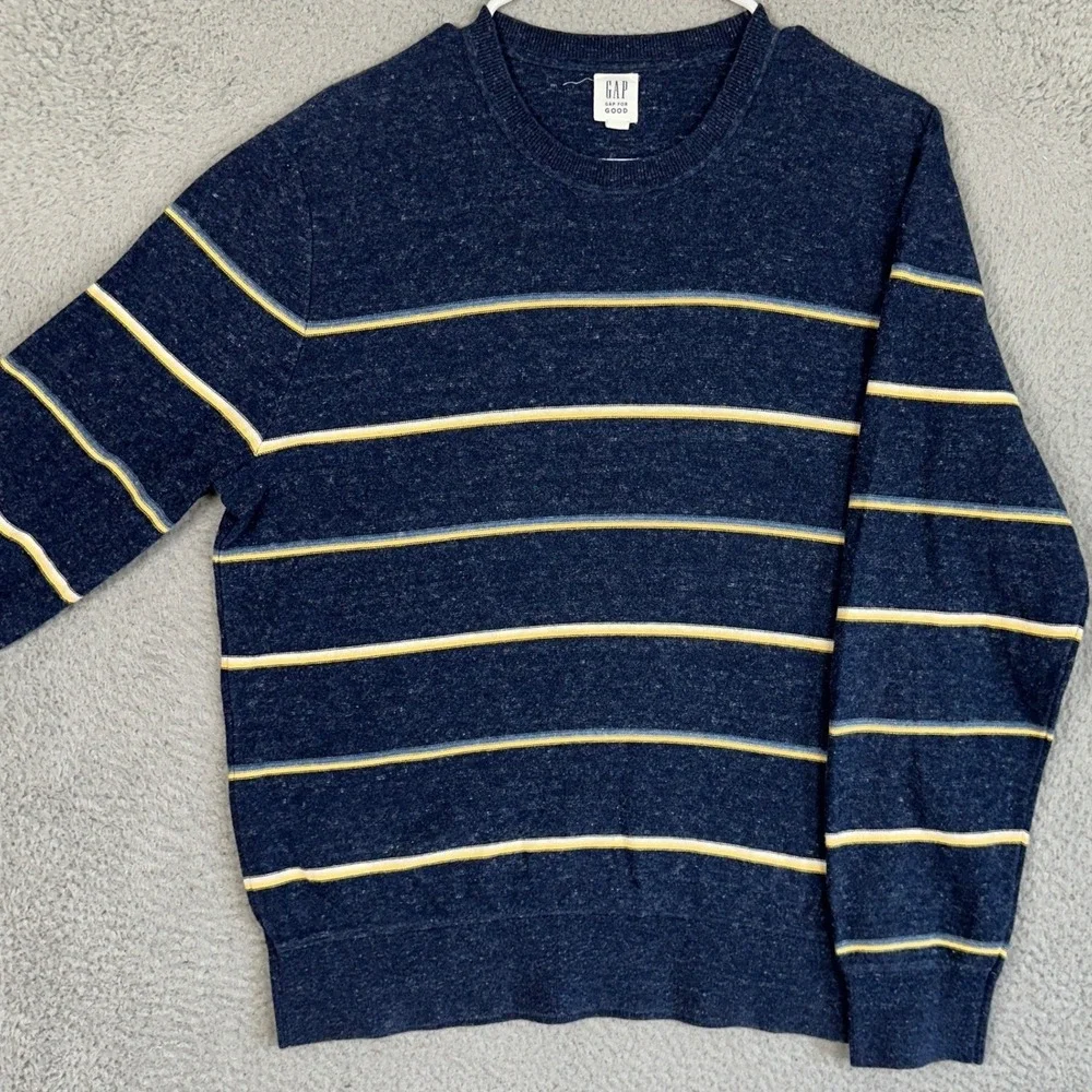 Gap Sweater Mens Large Blue Yellow Striped Crew Neck Pullover Long Sleeve Casual
